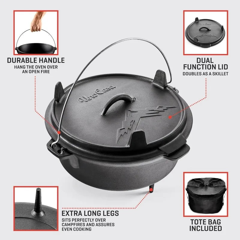 6Qt Cast Iron Camping Dutch Oven w/Lid Lifter and Storage Bag -  Pot with Lid, Cast Iron Camping