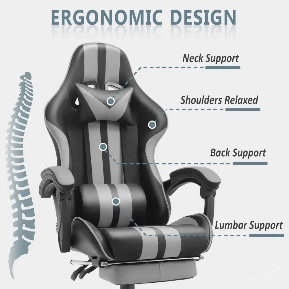 Grey Gaming Chairs w/Footrest,PC Gaming Chair,Computer Chair, E-Sports Chair,Ergonomic Office Chair