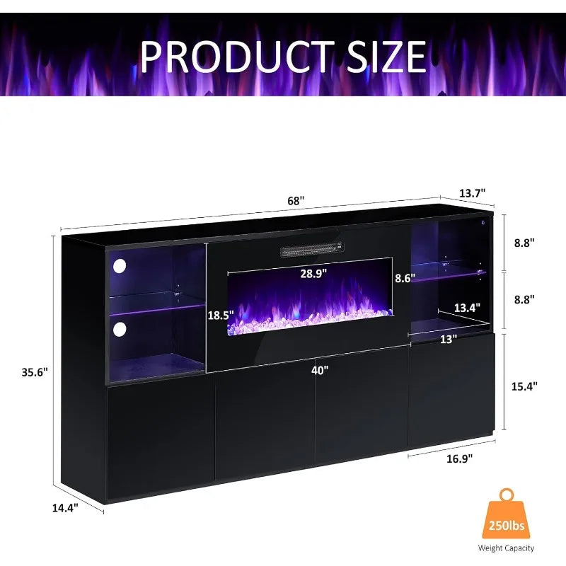 Modern High Gloss 68" Fireplace TV Stand, Entertainment Center & LED Lights for TVs up to 78"