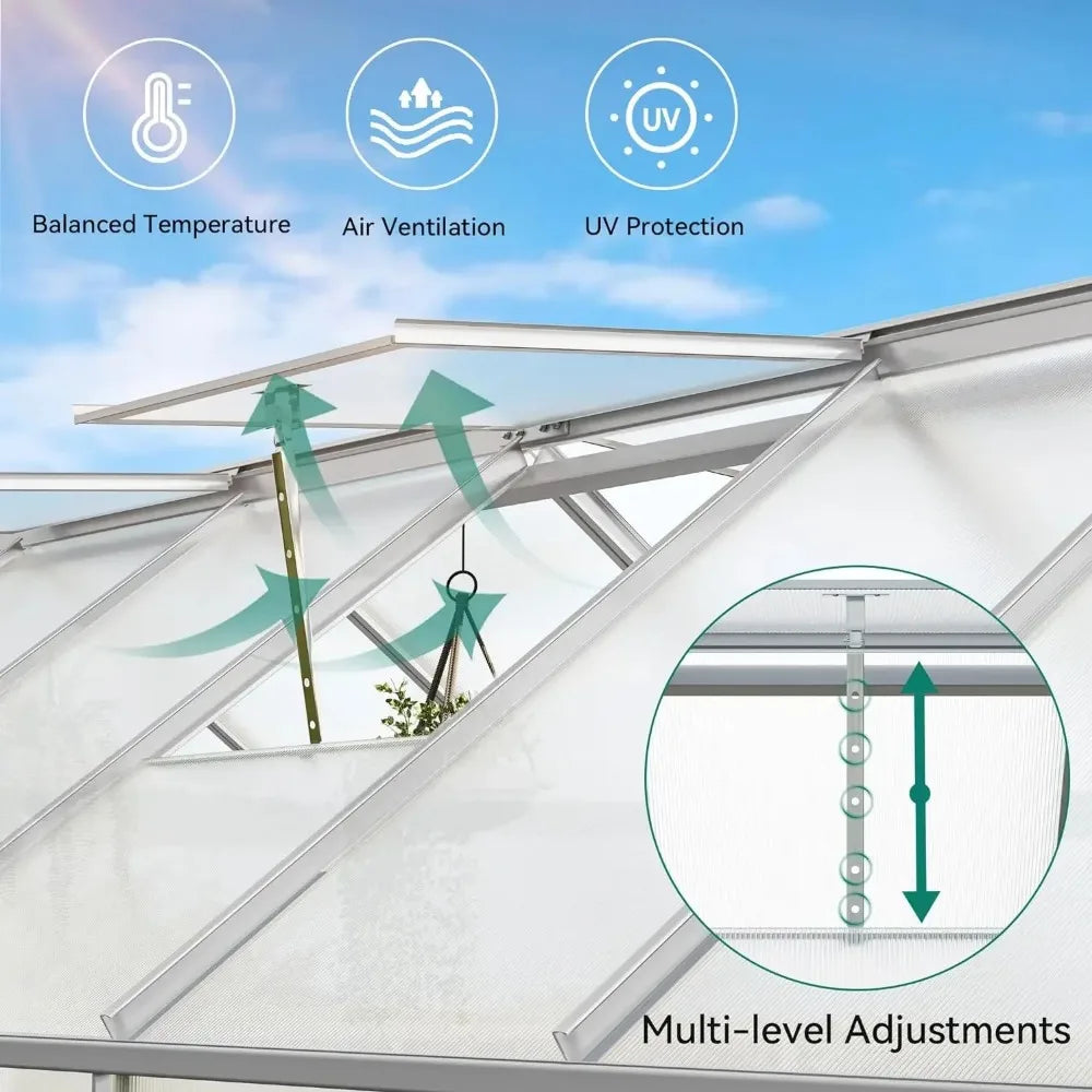 6/8/10/12FT Polycarbonate Greenhouse Large Heavy Duty Green Houses Outdoor Aluminum Greenhouses