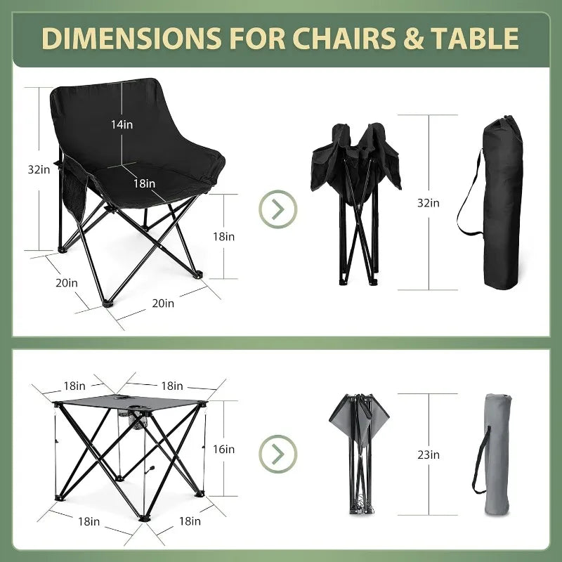 Camping Chairs Set, Adult, 2 Black Folding Moon Chair & 1 Lightweight Camp Table W/CUP HOLDERS