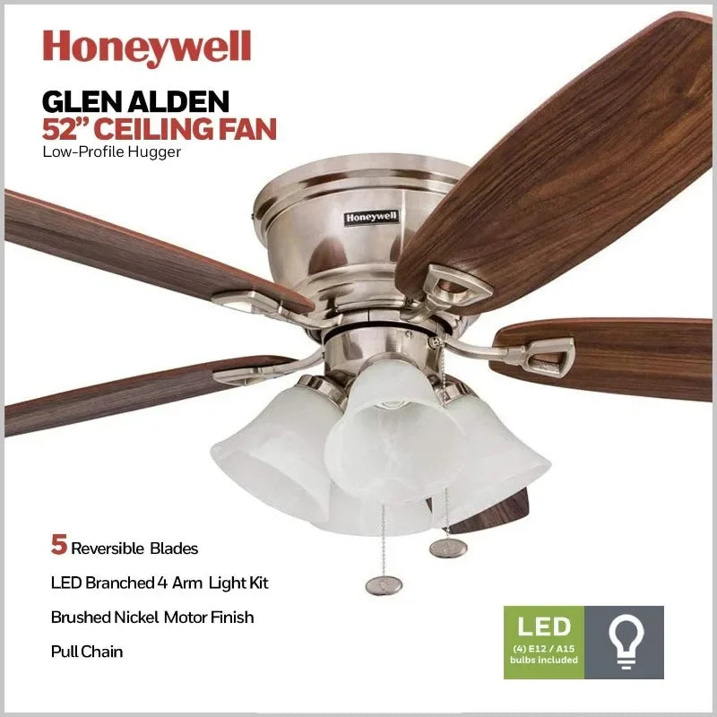 Honeywell Ceiling Fans Glen Alden, 52 Inch Classic Flush Mount Indoor LED Ceiling Fan w/Light