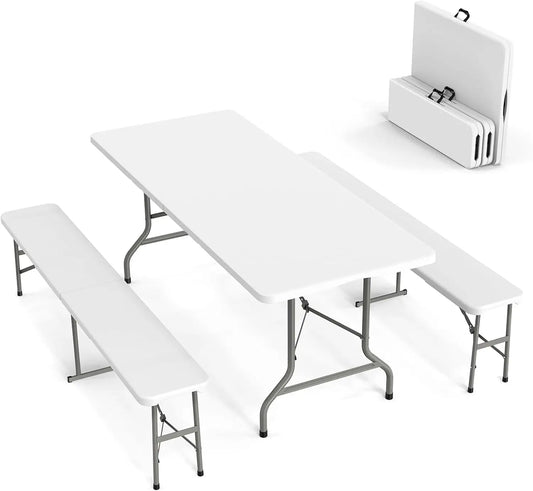 Picnic Table Set with 2 Benches, 6 Feet Camping Table Chair Set,3-Piece Folding Furniture