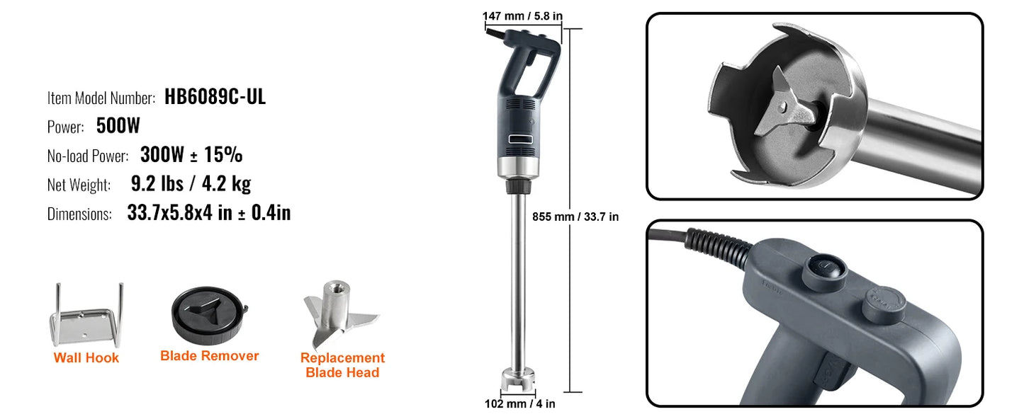SucceBuy Blender 500 Watt Heavy Duty Hand Mixer Variable Speed Stick Mixer w/ 304 Stainless Steel