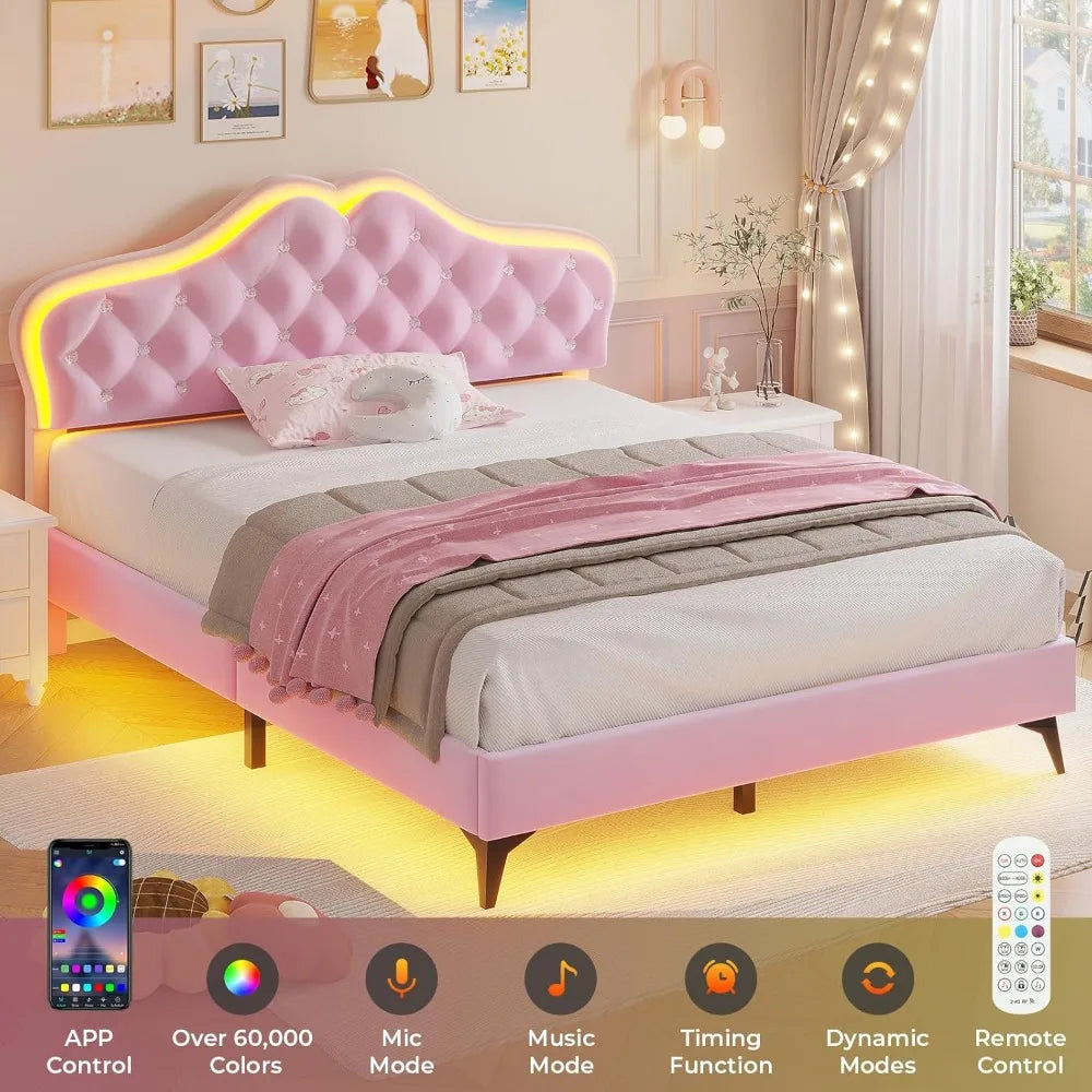 ADORNEVE Queen Size Upholstered LED Bed Frame, Girls Bed/Adjustable Crystal Button Headboard