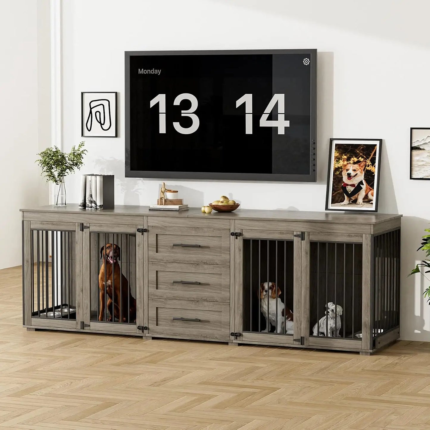 94.5" Dog Crate, Dogs Kennel Furniture with 3 Storage Drawer, Wooden Dogs Cage with 4 Bowls, Dog House TV Stand with Locks