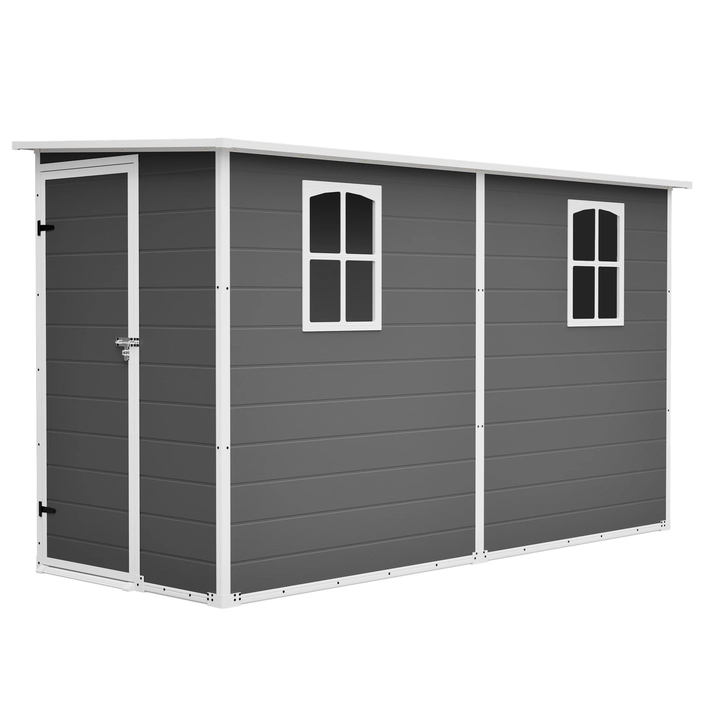 4x10 FT Gray Plastic Outdoor Storage Shed Metal Roof Two Clear Windows for Bicycles Trash Bins