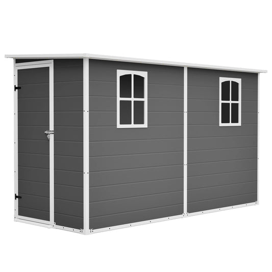 4x10 FT Gray Plastic Outdoor Storage Shed Metal Roof Two Clear Windows for Bicycles Trash Bins