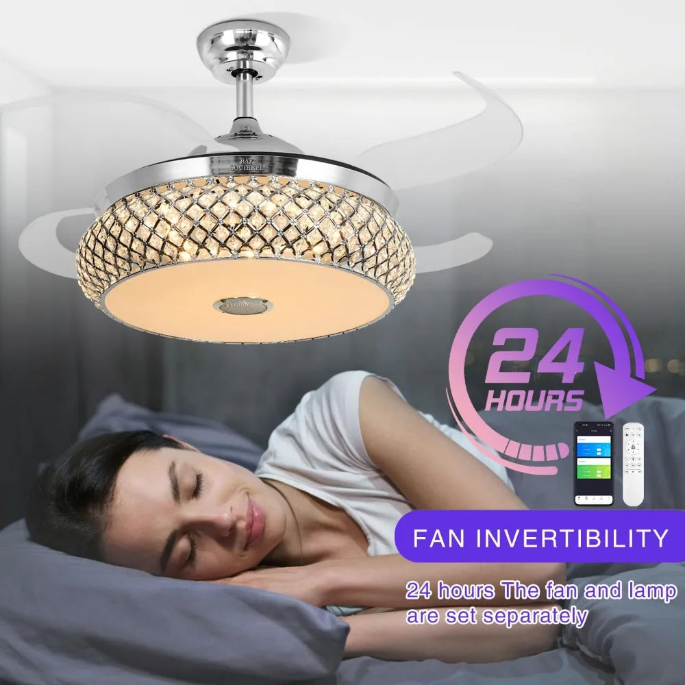 2024 Retractable Bluetooth Ceiling Fan w/Speaker, Retractable Fan w/ Light & Remote/APP Control