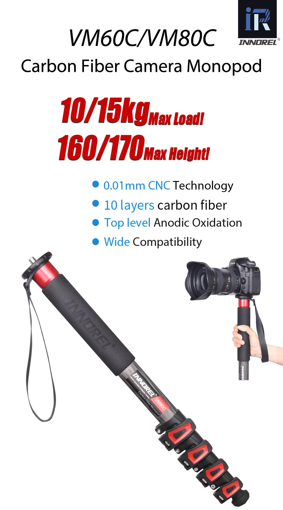 INNOREL VM60C/VM80C Carbon Fiber Monopod w/Fast Flip Lock /Canon Nikon DSLR Camera Video Camcorder