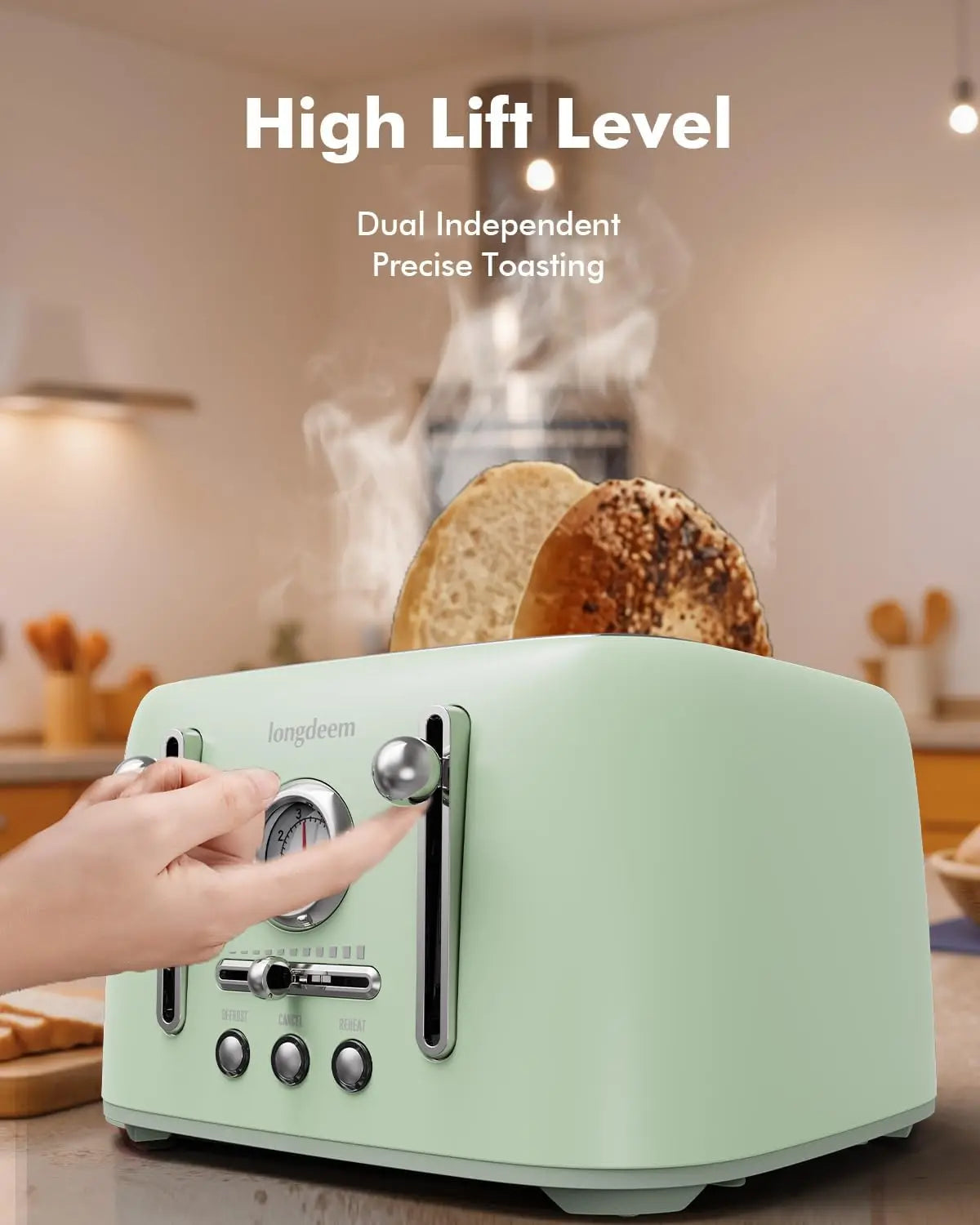 Retro 4-Slice Toaster 1.6" Wide Slots - 6 Settings Bagel Function, Stainless Steel, Defrost/Cancel