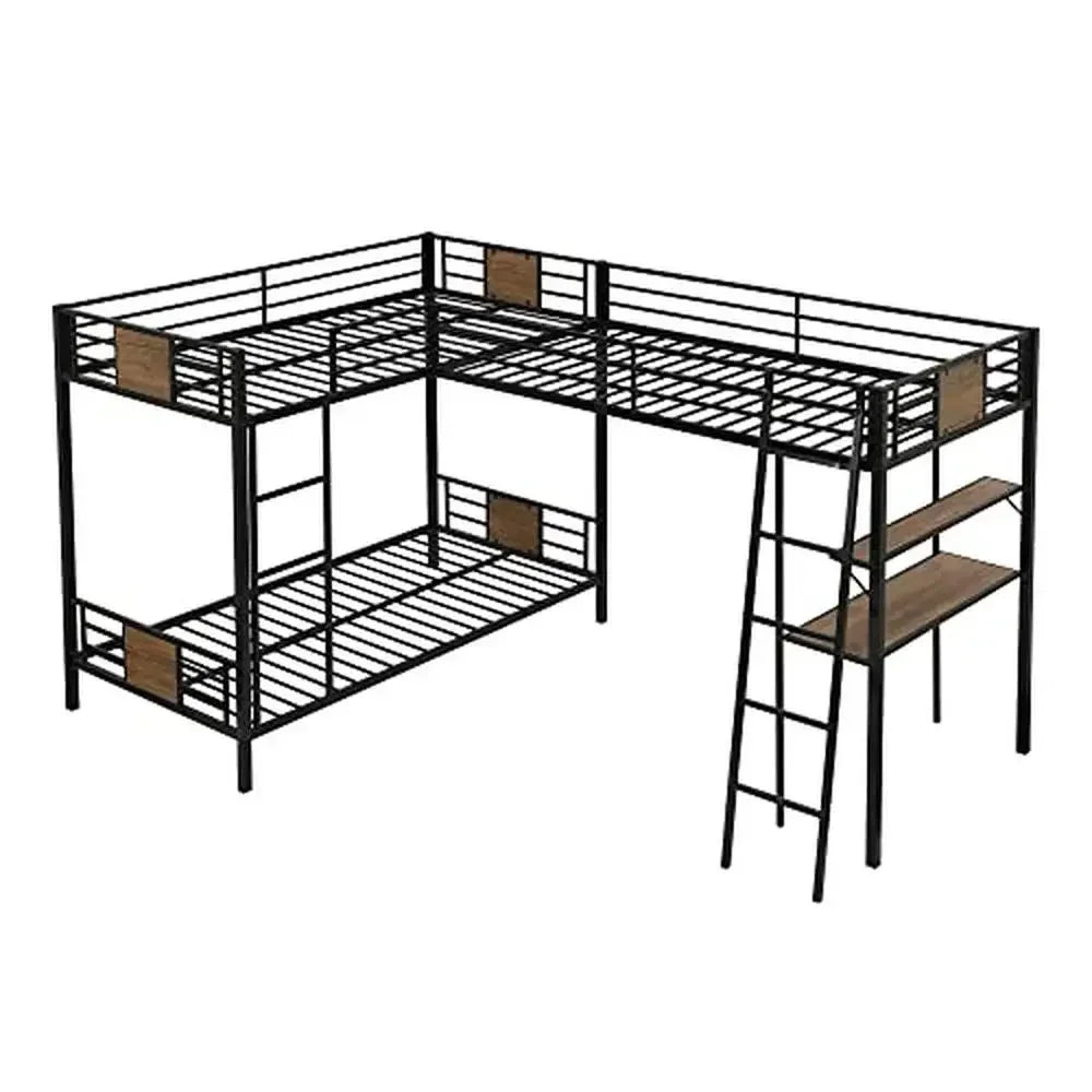 Triple Bunk Bed/Desk and Shelf/Metal L-Shaped Loft Bed Twin Over Twin 3 Kids Teens Adults