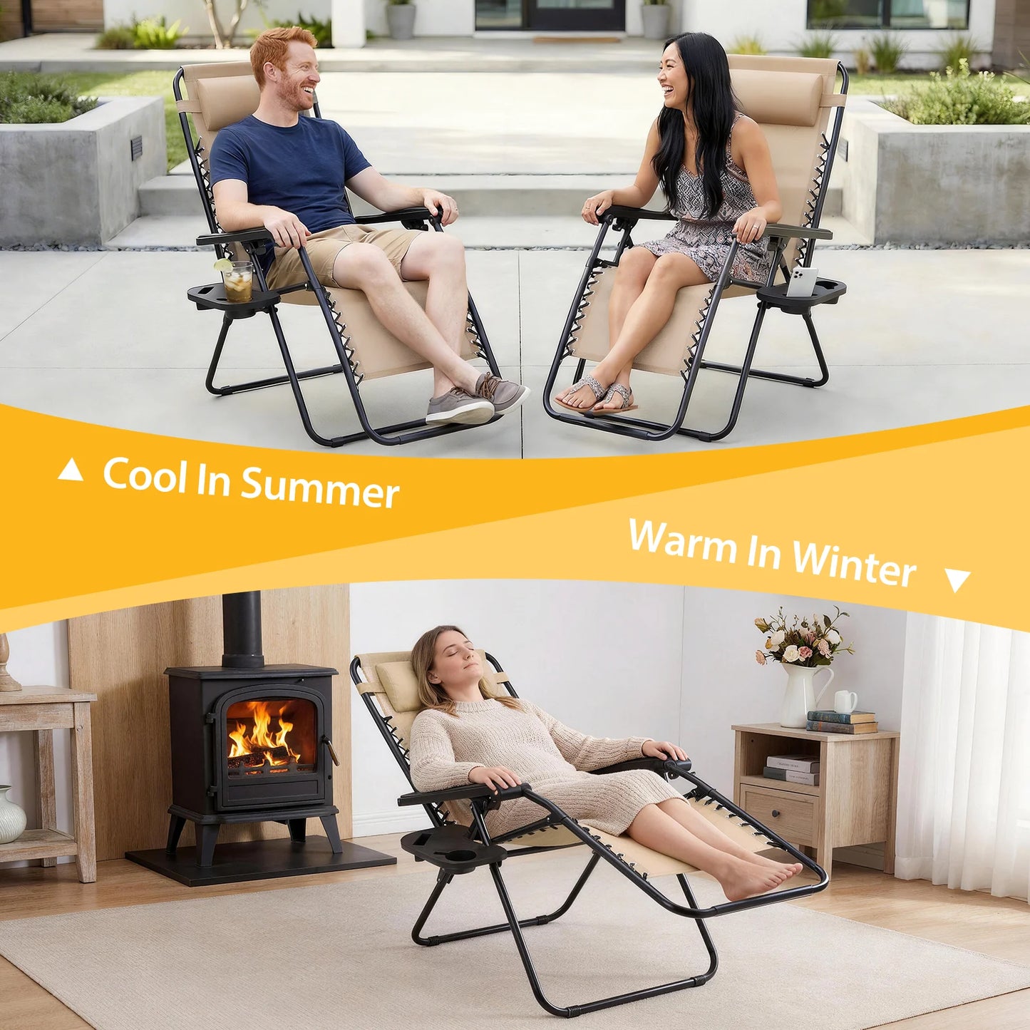JHK Portable Zero Gravity Recliner Chairs Set of 2 Outdoor Garden Folding Lounge Chair Cup Holder