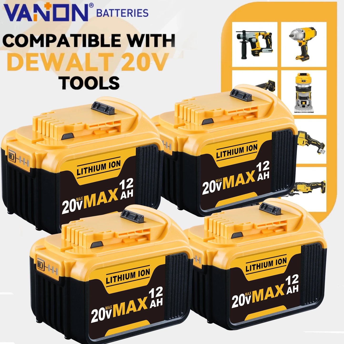 VANON 1/2/4Pcak 12.0Ah 20v DCB200 Replace for Dewalt 20v Battery Pin DCB204 DCB205 Li-on