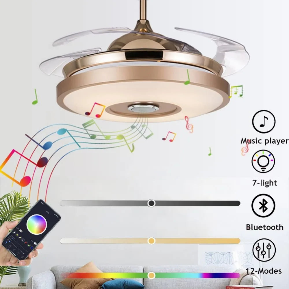 Smart Ceiling Fan/Light, Bluetooth Speaker Chandelier/ Retractable Blades Fandeliers w/Remote