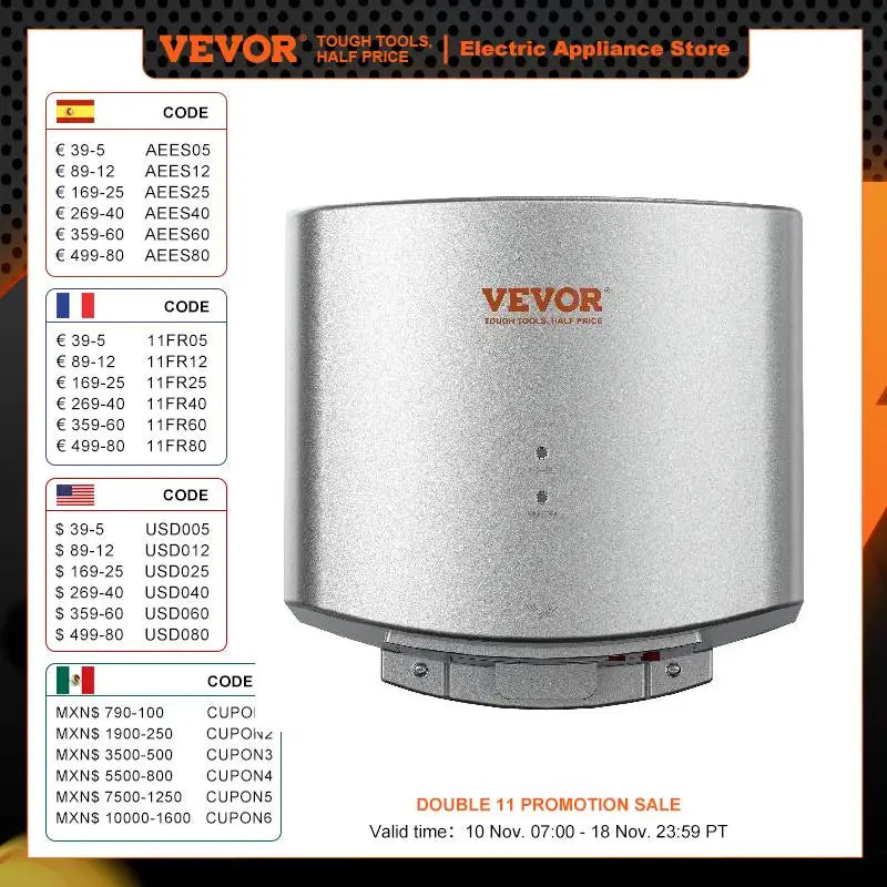 VEVOR Heavy Duty Commercial Hand Dryer 1400W Automatic High Speed Warm Wind Hand Blower