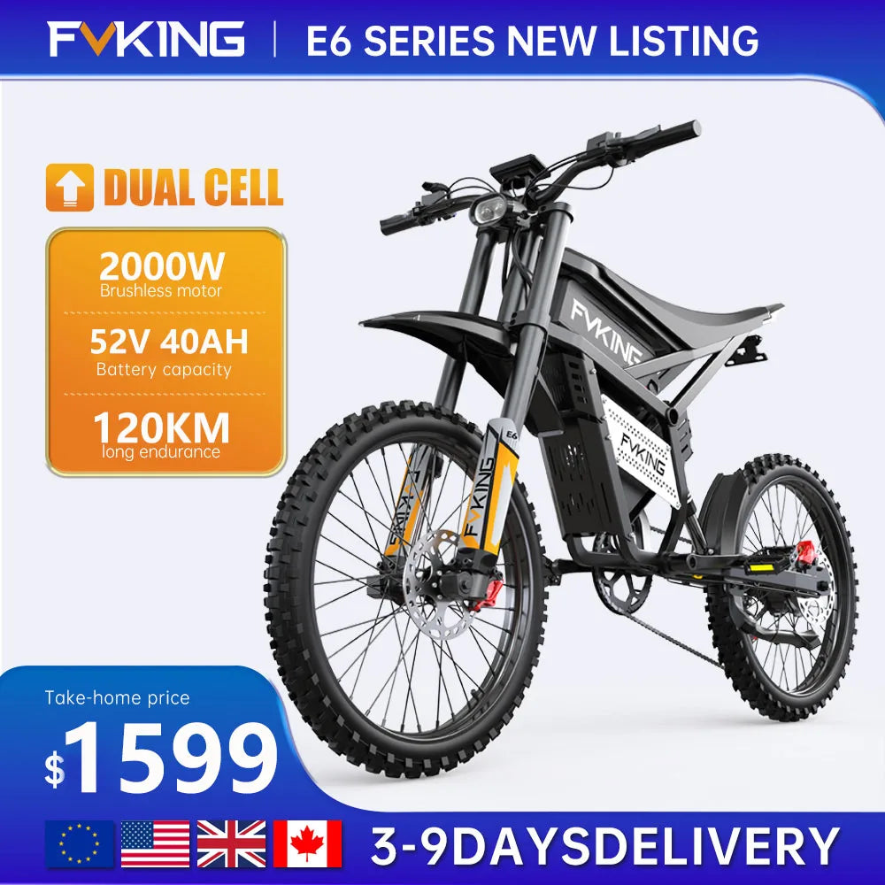 FVKING E6 Electric Bicycle 2000W Waterproof Dual Motor 52V 40AH Battery 25-inch Off-road Tires