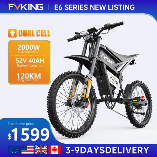 FVKING E6 Electric Bicycle 2000W Waterproof Dual Motor 52V 40AH Battery 25-inch Off-road Tires