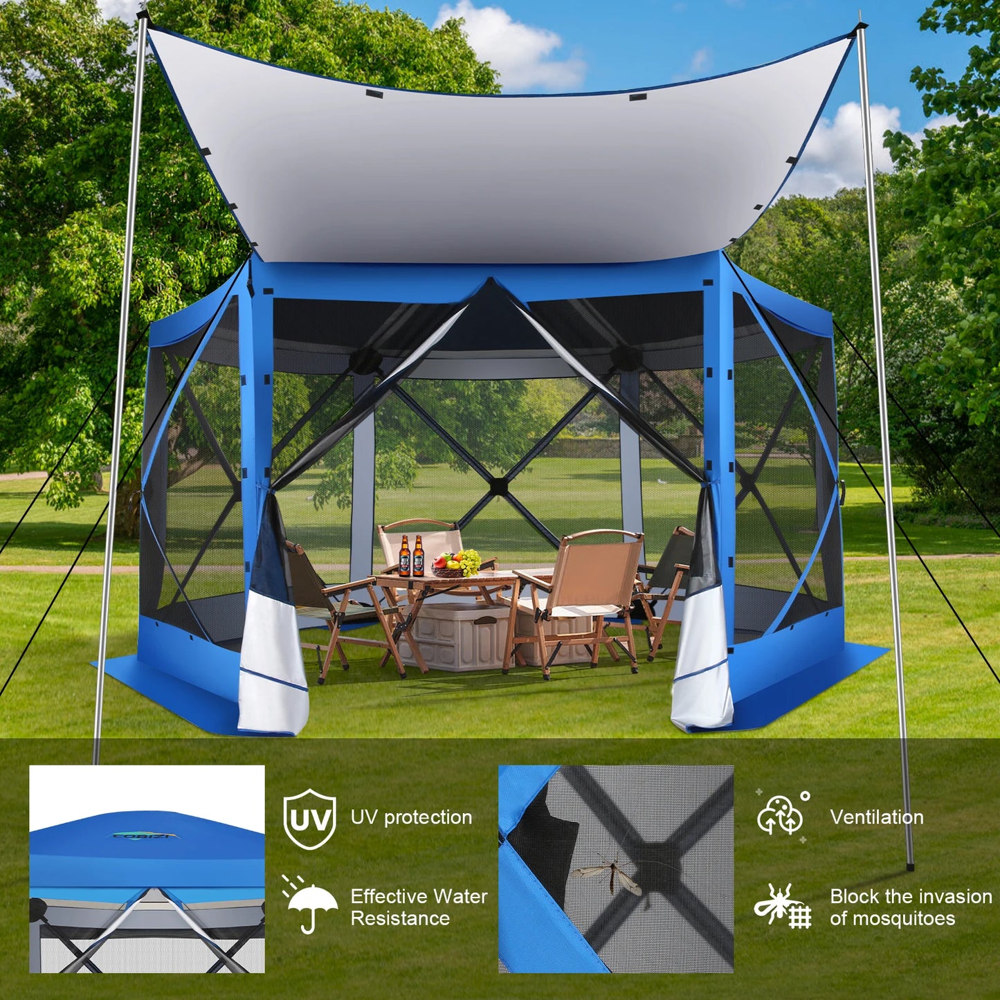 Pop Up Gazebo 12'x12' 6-Sided Screen House Tent for Camping, Instant Stargazing Gazebo Canopy