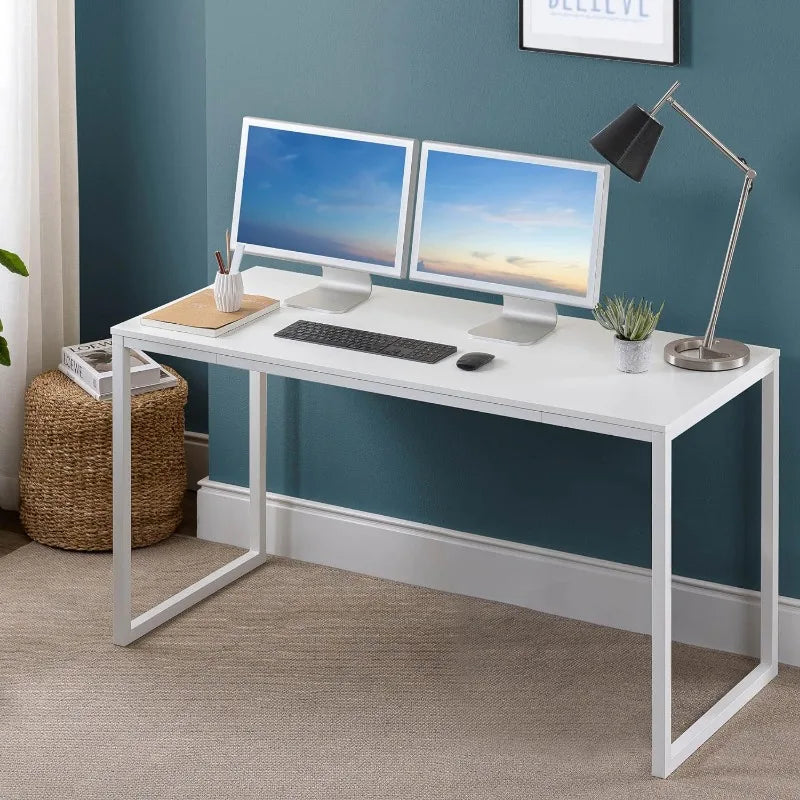 Jennifer 55 Inch White Frame Desk, Computer Workstation, Office Desk, Dining Table, Natural