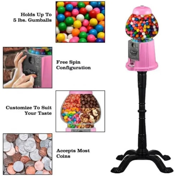 Gumball Machine/Stand - 1920s-Style Nostalgic Candy Dispenser - Coin-Operated Vending Machine (Pink)