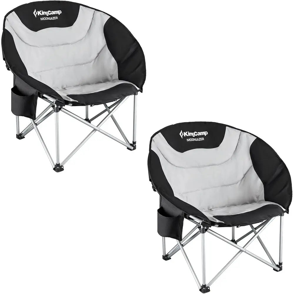Oversized Cushioned Moon Saucer Folding Camping Chairs with Cup Holders (Black, Set of 2)