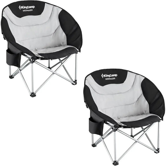 Oversized Cushioned Moon Saucer Folding Camping Chairs with Cup Holders (Black, Set of 2)