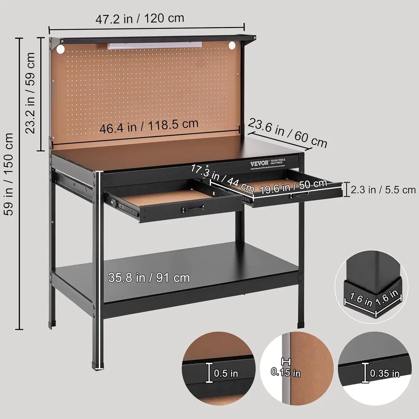 VEVOR Workbench A3 Steel/max. 1500W Heavy Duty Workbench 220lbs Weight Capacity 0.47" Bench top