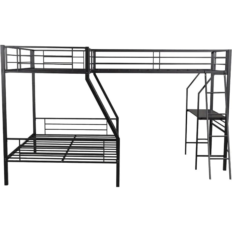 Metal Triple Bunk Beds, Twin Over Full Bunk Bed Attached Twin Loft Bed with Desk, L-Shape Triple Bed