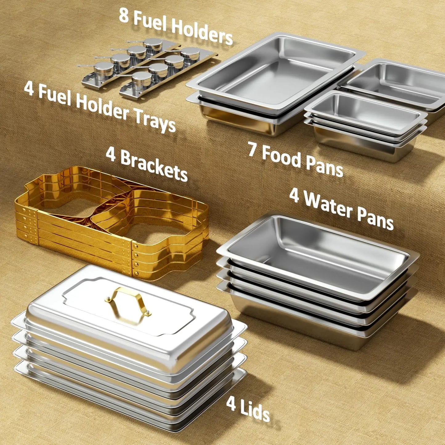 Chafing Dishes for Buffet 4 Pack 7pan, 9QT [Elegant Gold and Silver Colors] Stainless Steel Durable