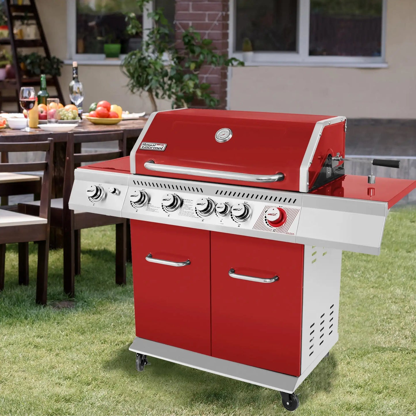 5-Burner BBQ Cabinet Style Gas Grill with Rotisserie Kit Rear Burner Sear Burner