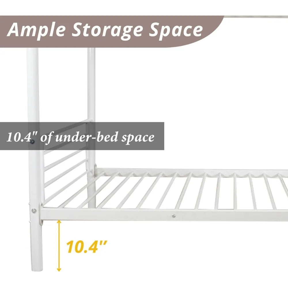 White Bunk Bed Twin Over Twin with 2 Storage Drawers, Metal Bunk Bed with Built-in Ladder