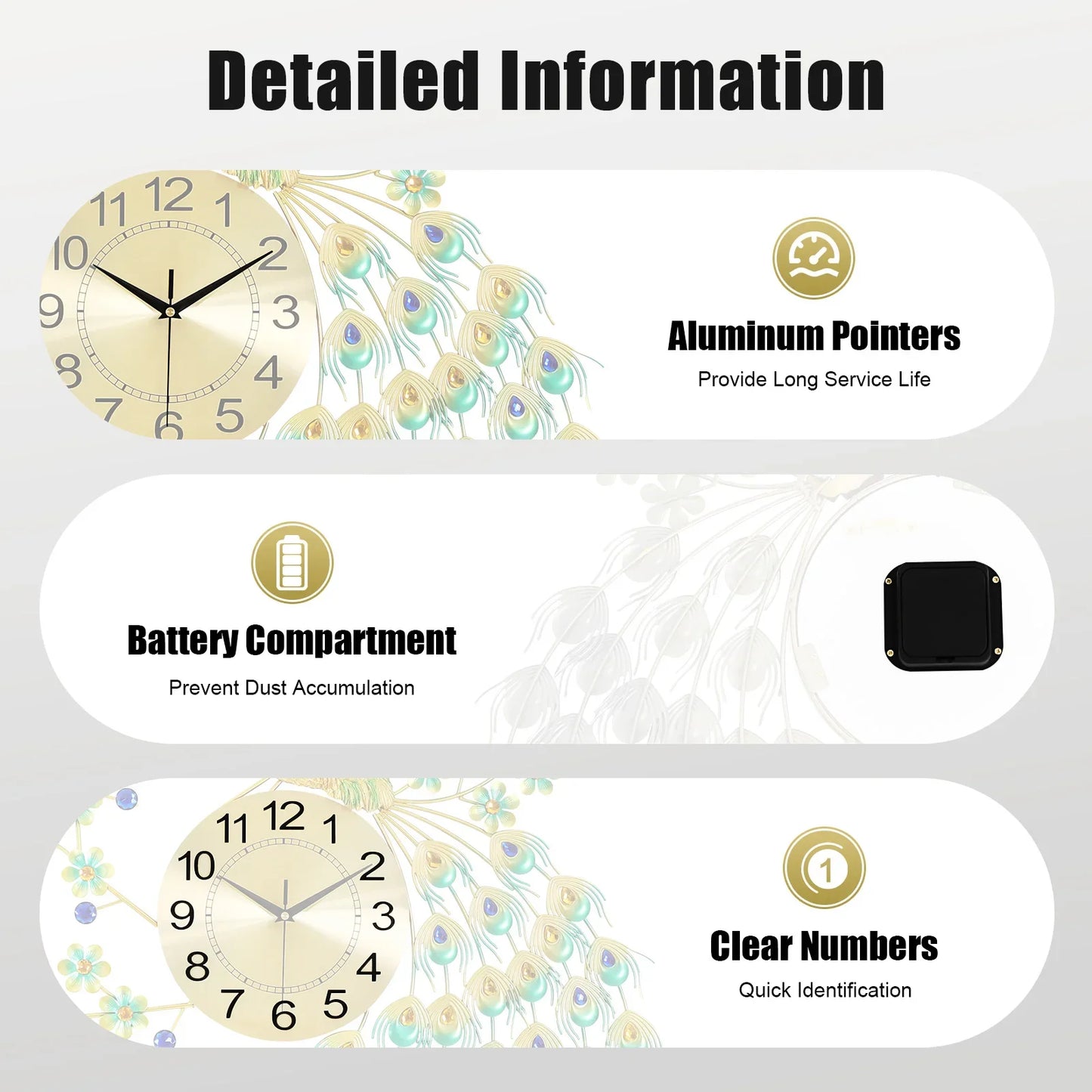 European Peacock Wall Clock - Elegant & Modern Decorative Silent Quartz Clock for Living Room & Office - Brings Luck & Harmony