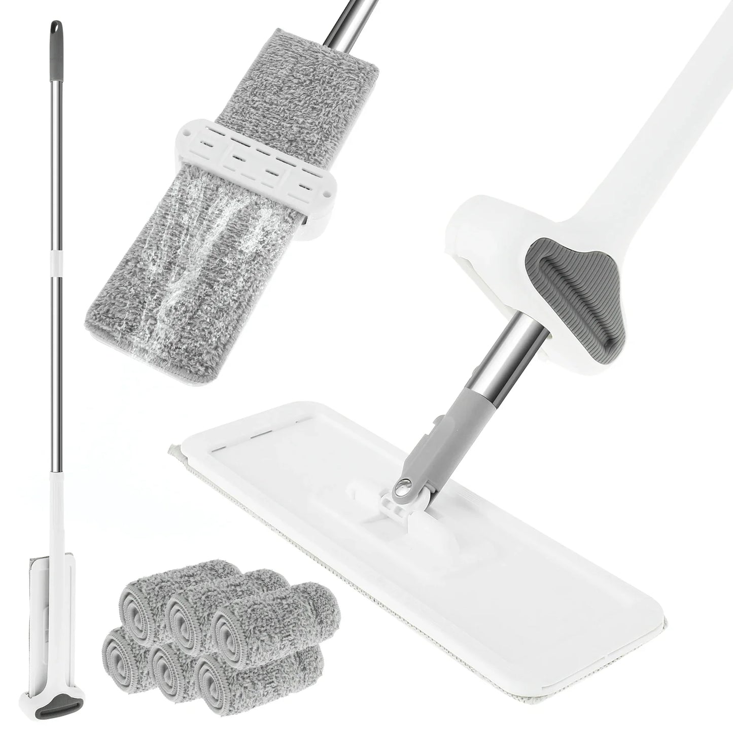 Microfiber Flat Mop 360 ° Rotating Flat Floor Mop Self Wringing Dust Mop with Dewatering Scraper