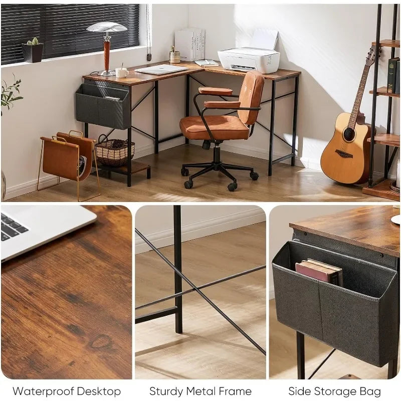 L Shaped Computer Desk Wood Corner PC Gaming Table w/Side Storage Bag for Home Office Small Spaces