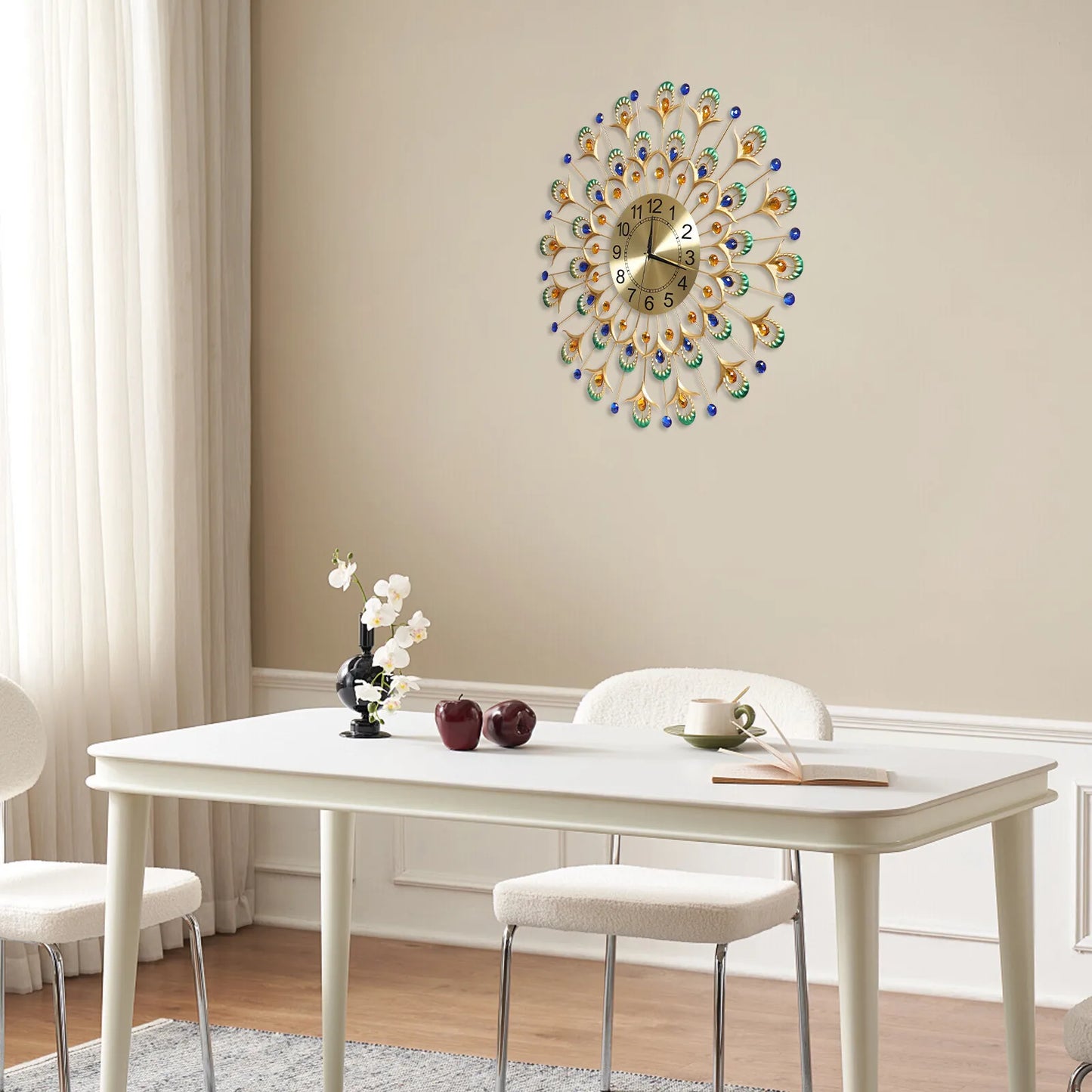 Peacock Feather Wall Clock 24" Gold, Silent Quartz Movement Large Clock, Modern Artistic Wall Decor