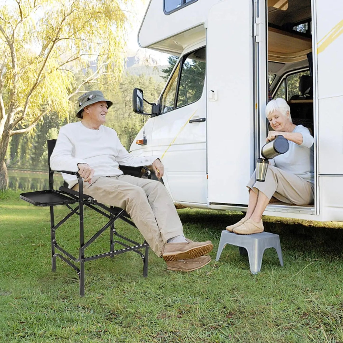 30" Tall Directors Chair Black Folding w/Side Table Storage Bag,300 lbs 19.2" D x 23.6" W x 45.6" H
