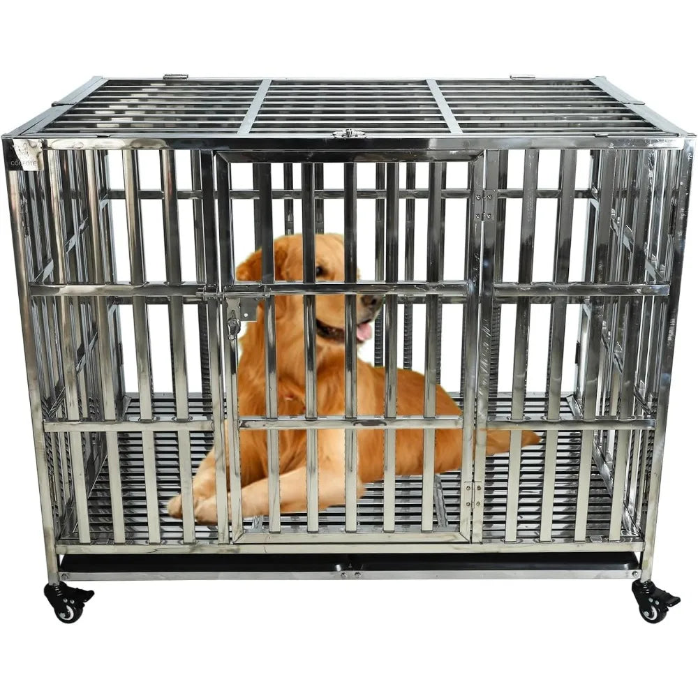 Heavy Duty Stainless Steel Dog Cage High Anxiety Indestructible and Escape-Proof Dog Crate Kennel