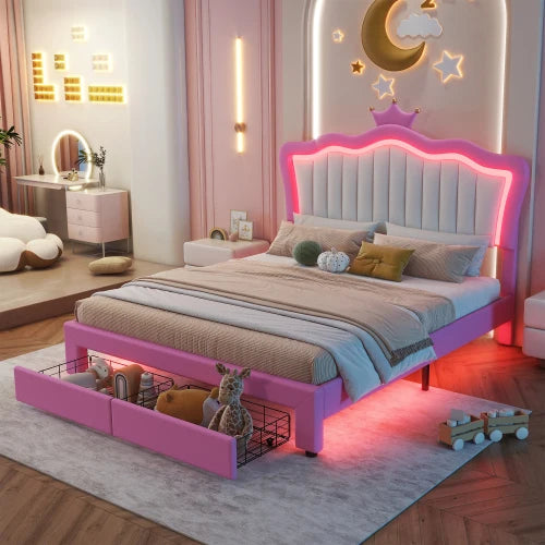Full size padded bed frame with LED lights, princess bed/crown headboard, 2 drawers, pink+white
