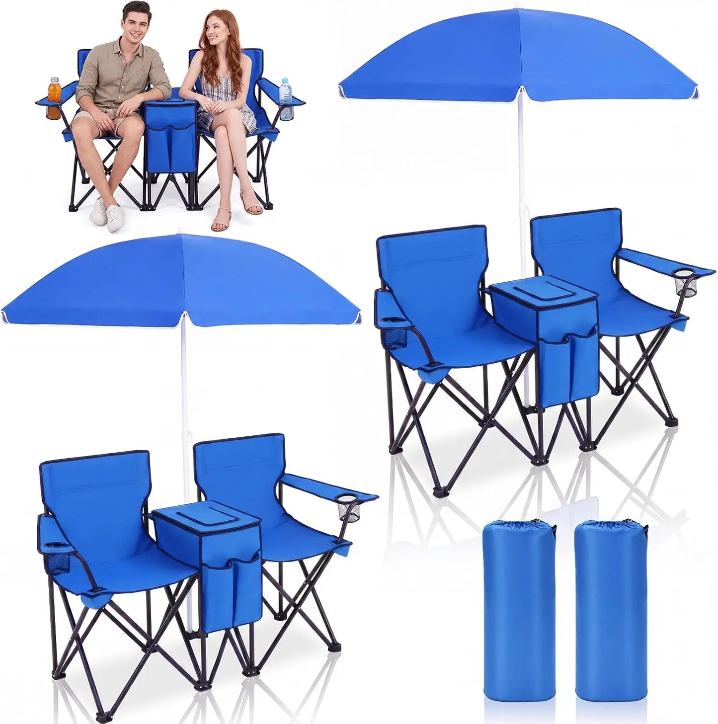 Double Camping Chair Set With Umbrella And Cooler Two Person Folding Loveseat Chair
