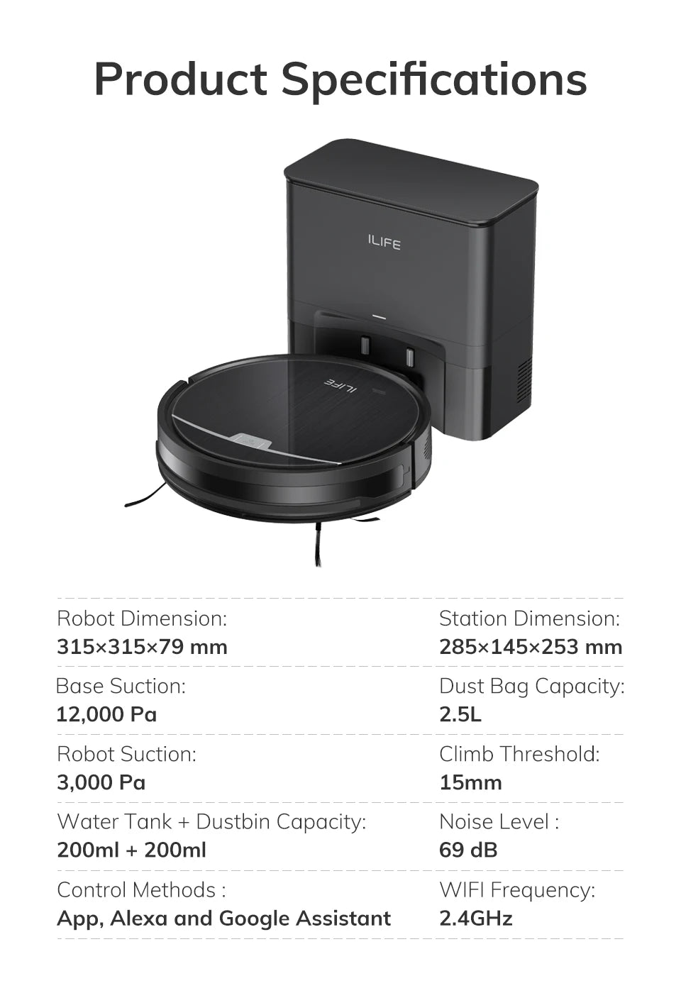 ILIFE V9/V9Pro Robot Vacuum, Self-Emptying, 3000Pa, Gyro Navigation, Schedule, App/Alexa Control