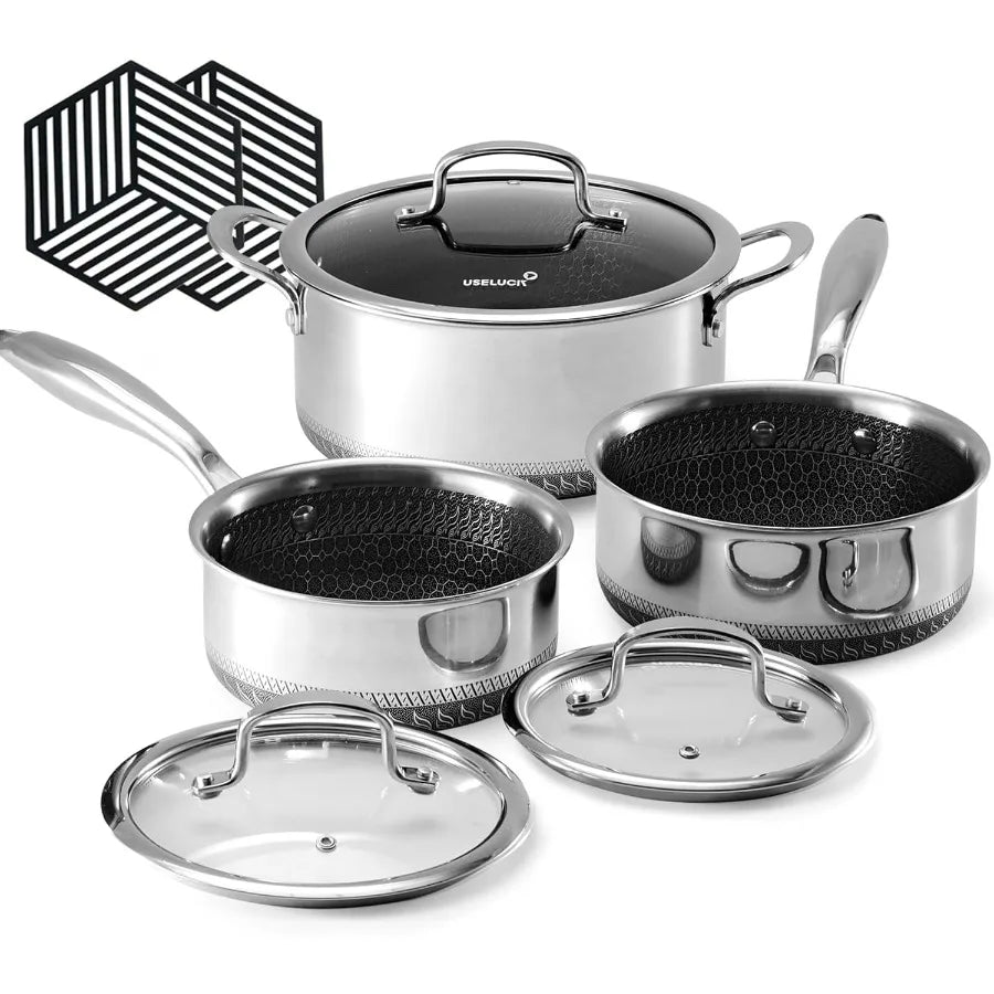 Hybrid Nonstick 6-PC Pot Set/2 Silicone Trivets, 1.5 QT Sauce Pan, 2 and 5.2 QT Stock Pot/Glass Lids
