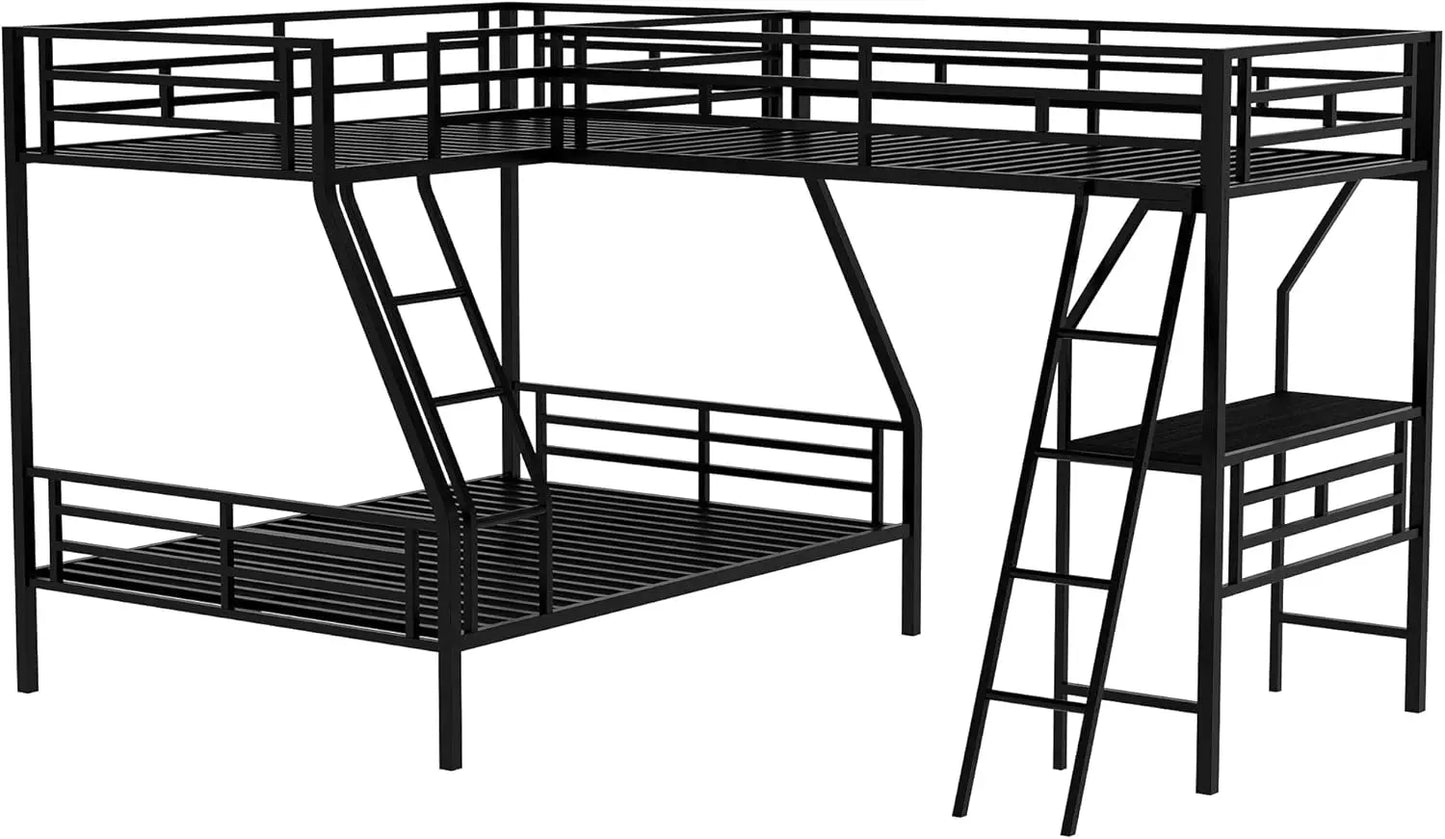 Metal L-Shaped Bunk Bed, Twin Over Full Bunk Bed/Twin Loft Bed,Triple Bunk Bed with Desk