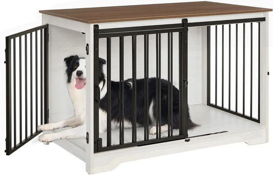 39.4" Heavy Duty Dog Crate W/Barn Door, Kennel for Small/Medium/Large Dogs, End Side Table