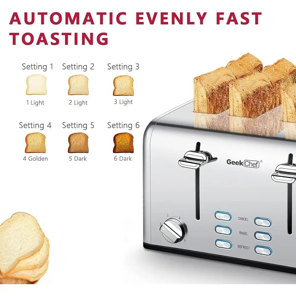 4 Slice Toaster Stainless Steel Extra Wide Slots Bagel Defrost Cancel/6 Levels Dual Control Systems