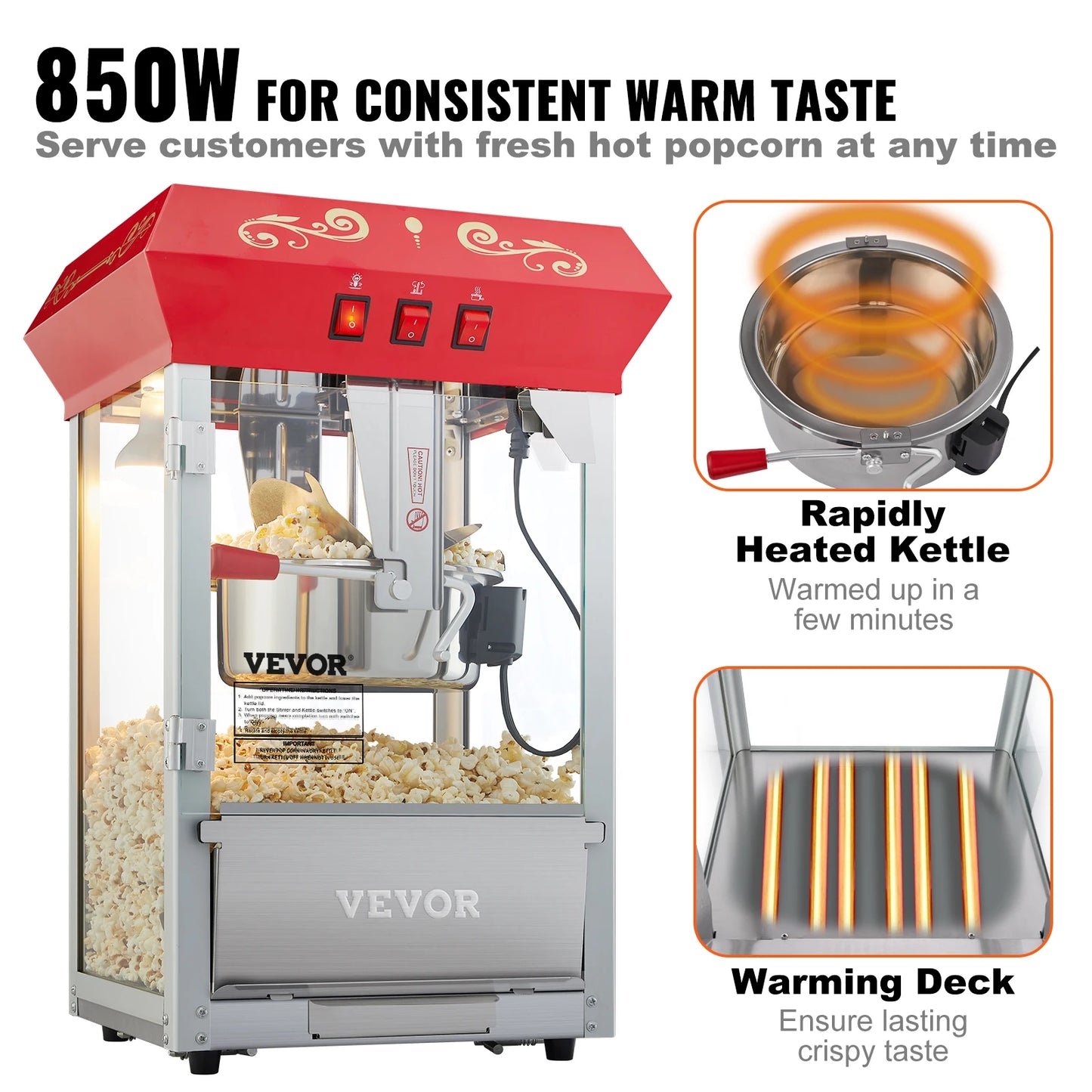 VEVOR Commercial Popcorn Machine, 8/12 Oz Kettle, Countertop,Theater Style Popper w/ 3-Switch, Red