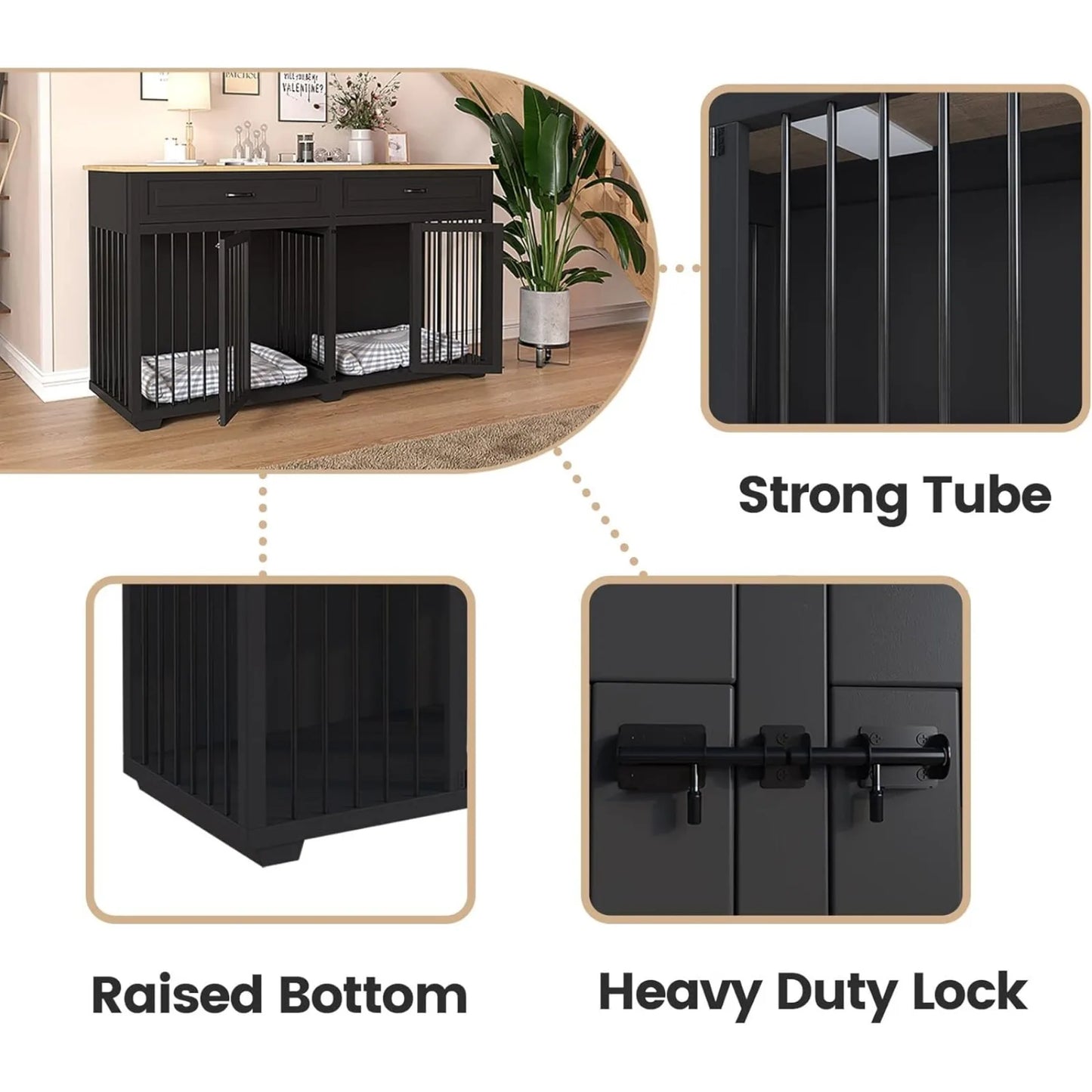 Large Dog Crate Furniture, 72" Wooden with Drawers & Divider For Heavy Duty Indoor Use