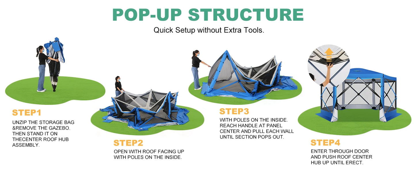 Pop Up Gazebo 12'x12' 6-Sided Screen House Tent for Camping, Instant Stargazing Gazebo Canopy