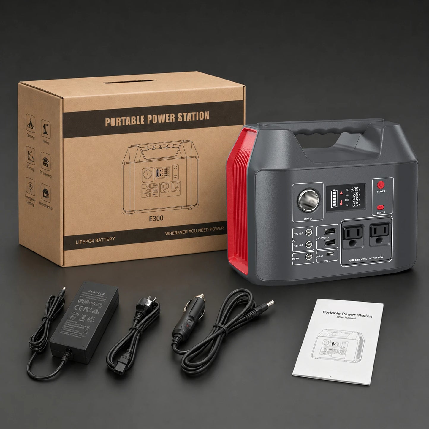 Portable Power Station 300W Solar Generator 256Wh 80000mAh Power Bank 110V AC/DC/USB/USB C LiFePO4