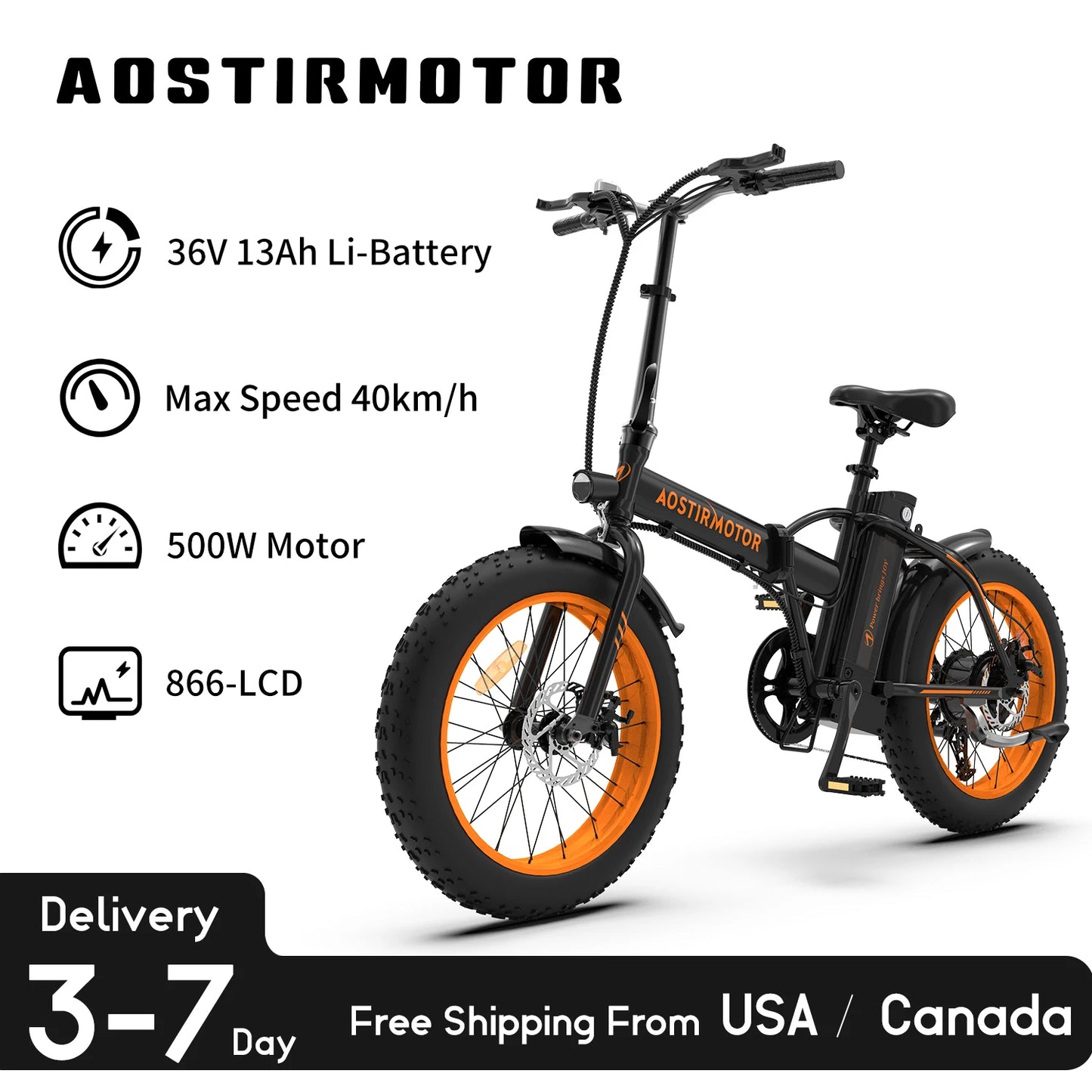 AOSTIRMOTOR 500W Ebike Folding Lithium Battery 36V 13Ah Electric Bicycle 20" Fat Tire Mini Bafang